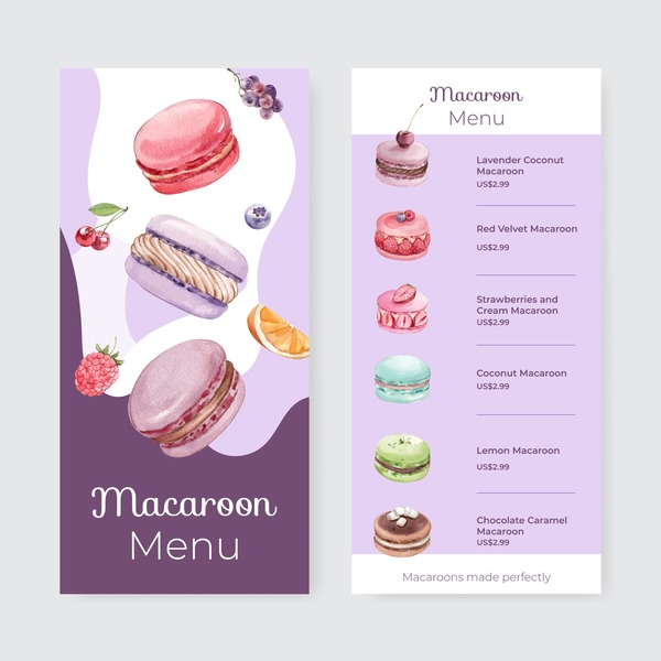 Mẫu menu tờ rơi tiệm bánh tông hồng - tím pastel nhẹ nhàng