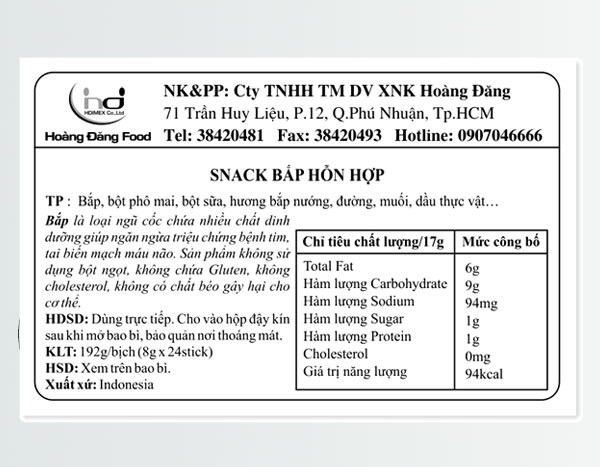 Giấy in tem phụ sản phẩm “Snack bắp hỗn hợp”