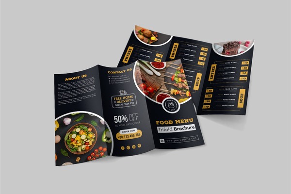 Mẫu menu gấp hiện đại với tông màu đen sang trọng, phù hợp cho nhà hàng cao cấp