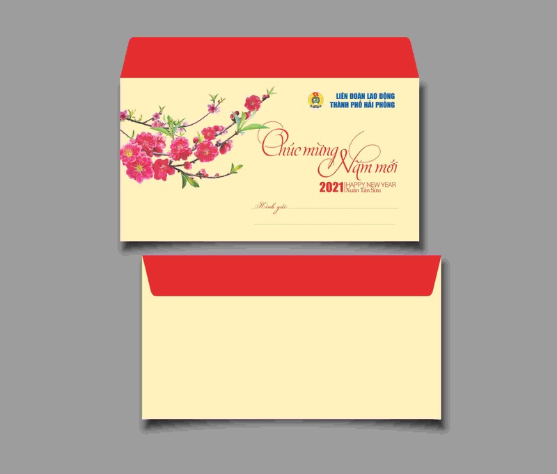 Mẫu phong bì chúc Tết in hoa đào đẹp, trang nhã