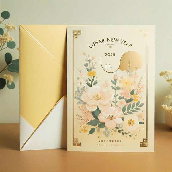 Thiệp tết điểm có tone màu chủ đạo vàng chanh thanh lịch và nhẹ nhàng