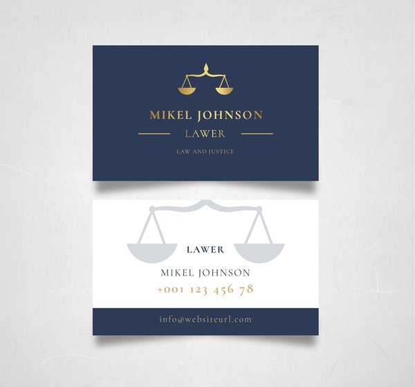 Mẫu card visit luật sư màu xanh navy và trắng, thiết kế biểu tượng cân công lý tối giản