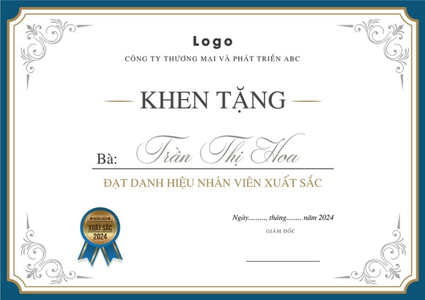 Giấy chứng nhận khen thưởng cho nhân viên xuất sắc