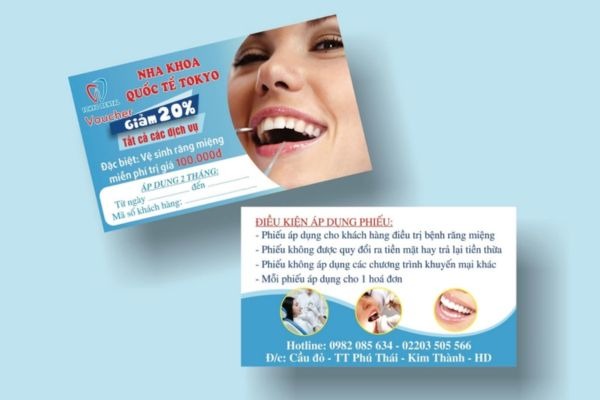 Mẫu voucher khuyến mãi nha khoa giảm 20% và tặng dịch vụ vệ sinh răng miệng