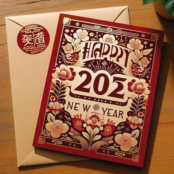 Thiệp tặng tết theo phong cách cổ điển và chi tiết hình ảnh đối xứng thu hút ánh nhìn