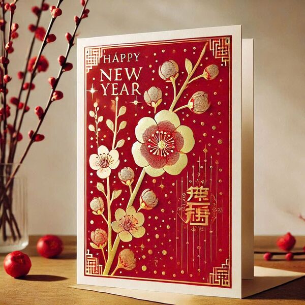 Mẫu thiệp Tết đỏ đậm, trang trí hoa mai và lá xanh tinh tế lan tỏa không khí vui tươi