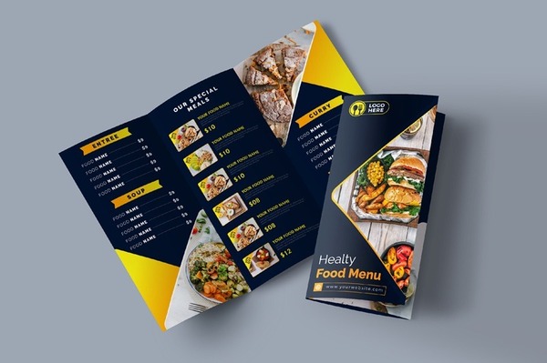 Menu gấp 3 màu xanh - vàng, mang đến cảm giác thân thiện, bắt mắt