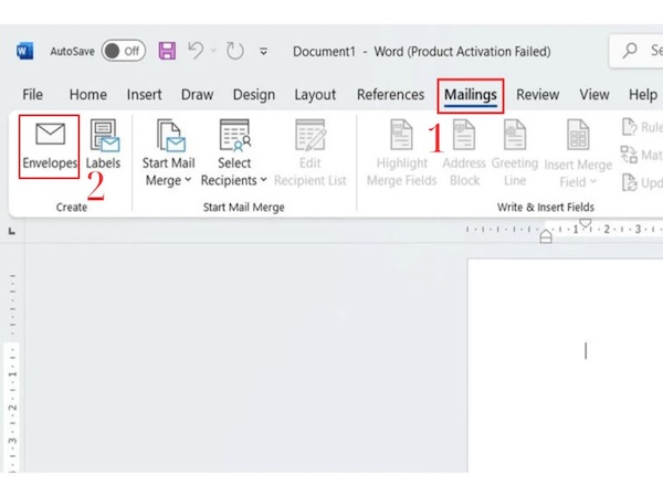 Chọn Mailings, sau đó chọn tab Envelopes