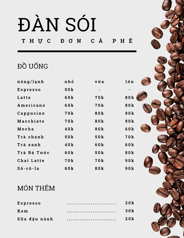 Menu quán cafe thiết kế kiểu đơn giản&nbsp;