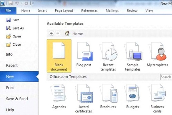 Cách làm Catalogue đơn giản bạn cần mở Word lên và chọn New tại mục File