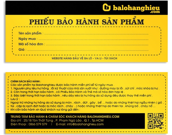 Kích thước phiếu bảo hành balohanghieu