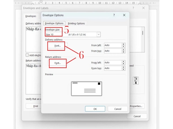 Tùy chỉnh phông chữ và kích thước phong bì