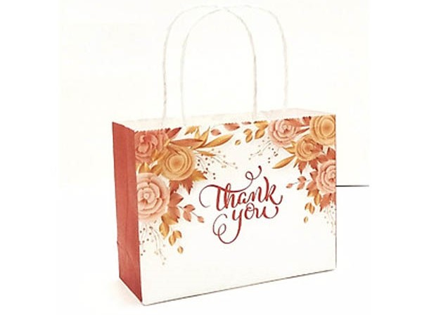 Túi giấy kraft ngang màu trắng viền hoa hồng in chữ “Thank you”