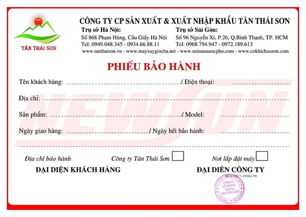 Mẫu phiếu bảo hành sản phẩm