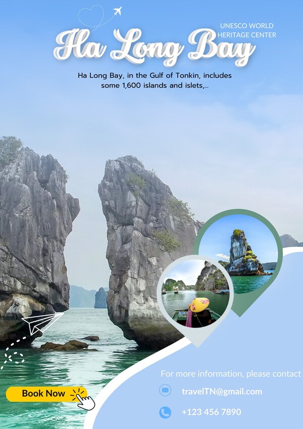 Mẫu poster du lịch Hạ Long với ảnh chụp Vịnh Hạ Long từ trên cao