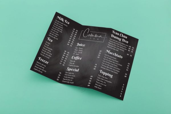 Menu gấp cửa sổ của quán nước Comma