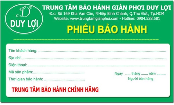 Phiếu bảo hành giàn phơi Duy Lợi 