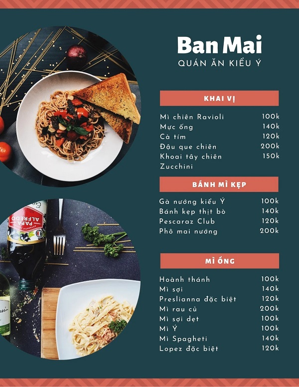 Menu cho quán thiết kế đơn giản