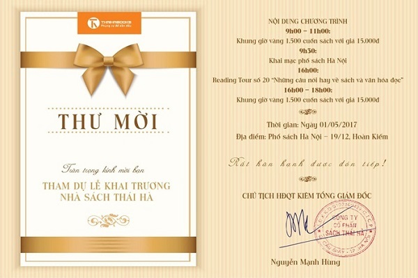 Mẫu thiệp mời khai trương nhà sách