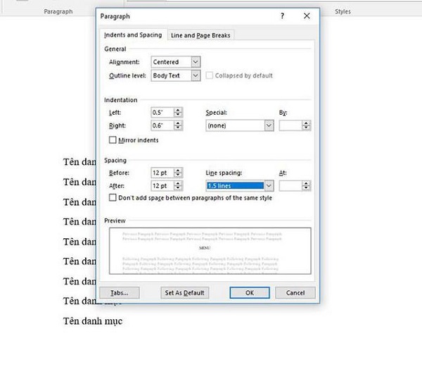 Định dạng danh mục menu
