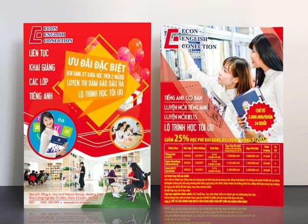 Mẫu poster quảng cáo trung tâm tiếng anh với màu đỏ nổi bật