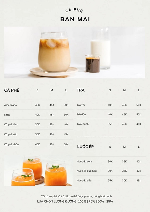 Menu cho quán đơn giản, hợp phong cách